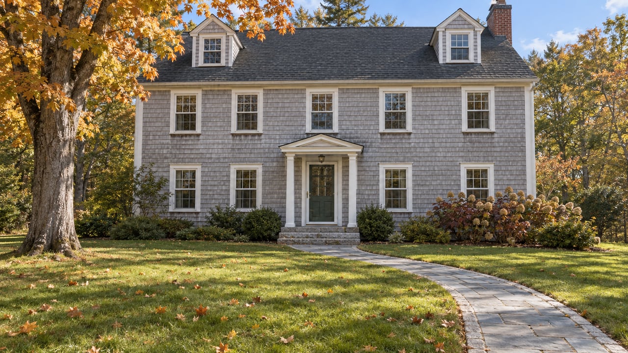 Cedar-shingled house with divided-light windows, granite entry steps and a broad autumn lawn beneath an orange-leaved sugar maple.