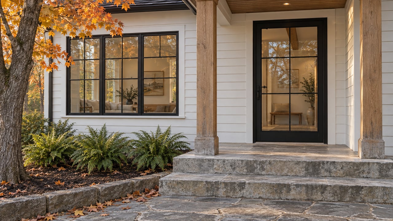 Warm afternoon light on a renovated home's glazed entrance, oak porch posts and stone steps beside an amber sugar maple.