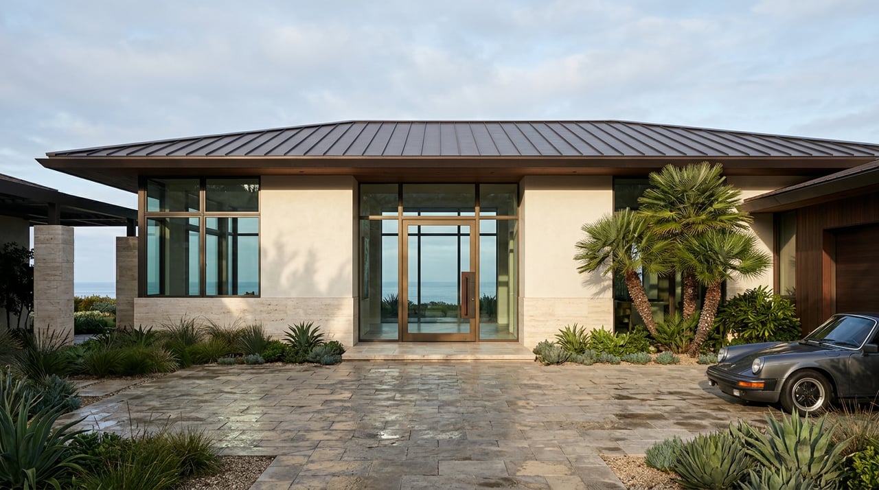 Coastal estate with pale travertine walls, bronze-framed glass entry, and palm trees across the motor court.