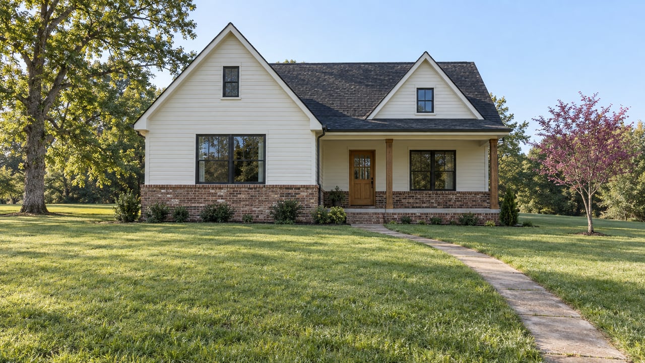 Off-white gabled house with a brick base, recessed oak door, and long lawn crossed by a curving walk.