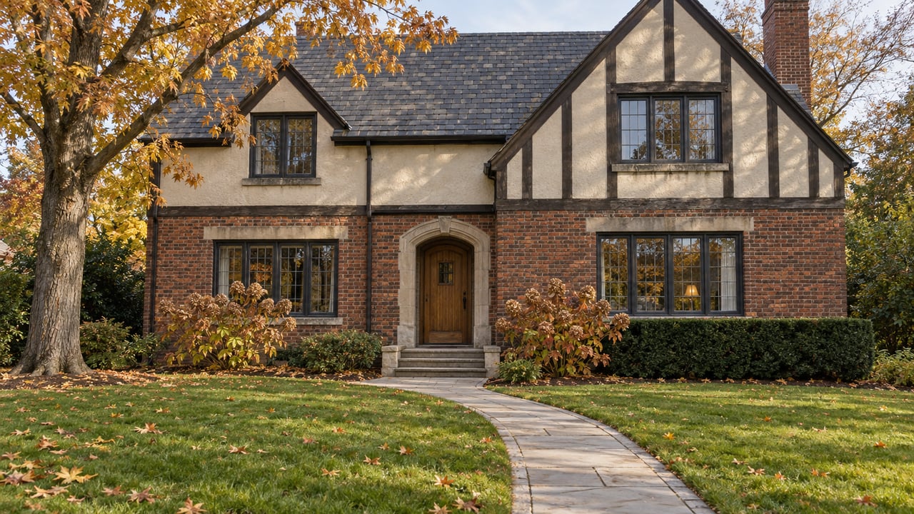 An established brick house with a slate roof, limestone entrance and broad autumn lawn beneath an amber-leaved maple.