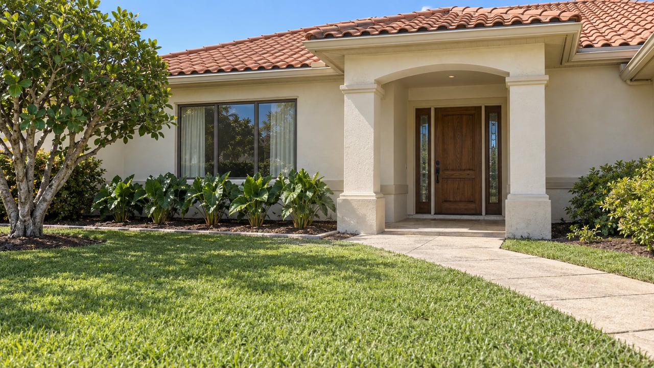 Cream stucco home with a clay-tile roof, shaded arched entrance and a paved walk crossing a green lawn.