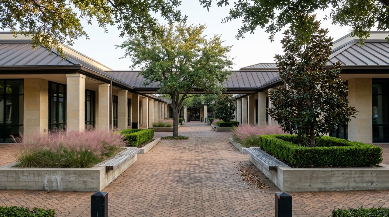 Tree-canopied retail courtyard with terracotta pavers, limestone storefronts, and pink muhly grass.