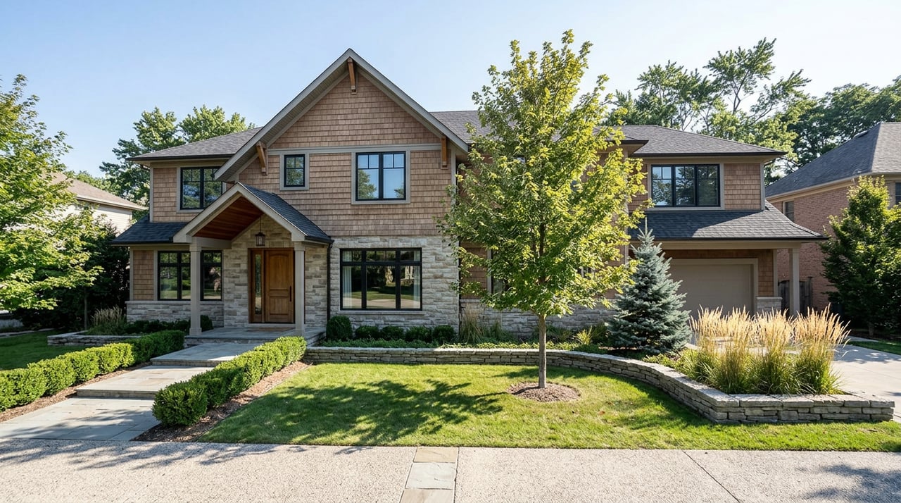Two-story house with a stone facade, cedar-tone shingles, steep gable, and a maple shading the front lawn.