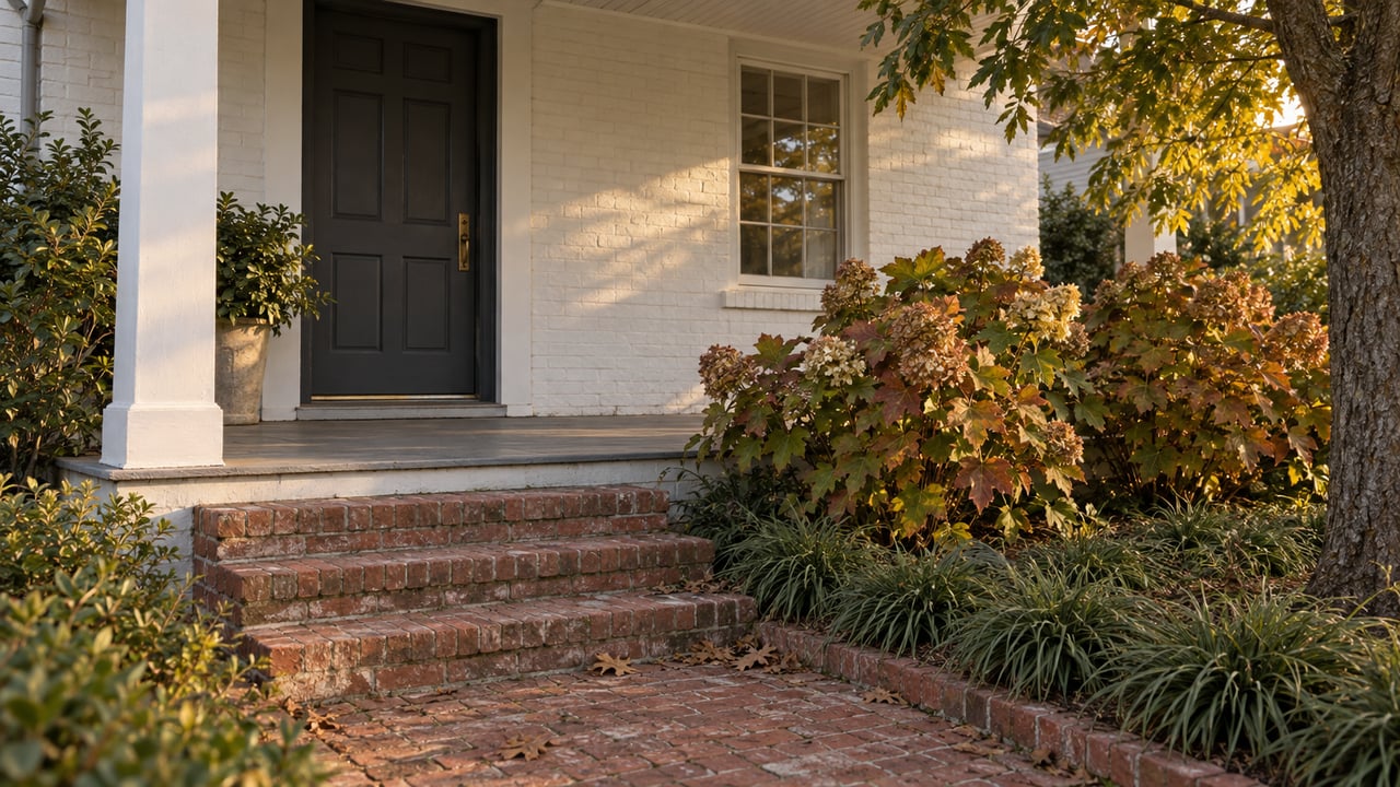Warm white brick porch with charcoal door, red brick steps, oak leaves, and bronzed hydrangeas beside the walk.