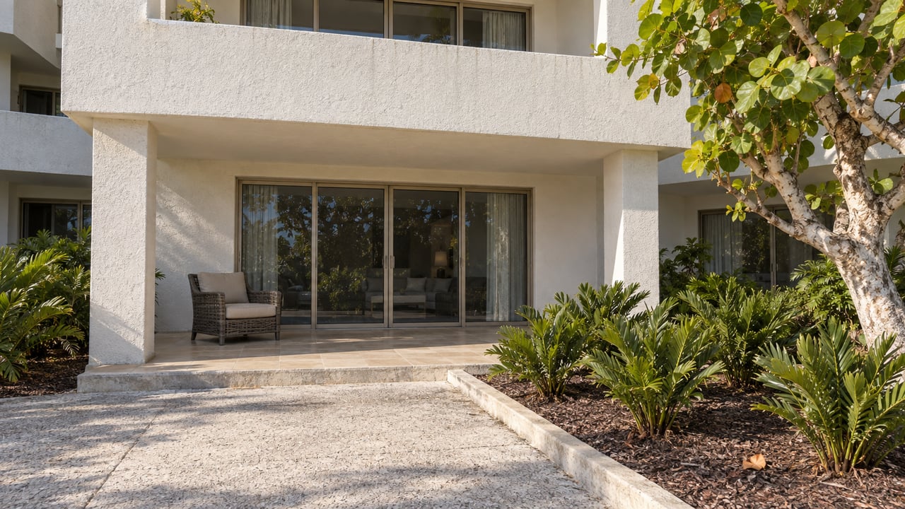 Warm-white condominium facade with bronze-framed glass doors, a covered tiled terrace, and sea grape and coontie planting beside a concrete walkway.