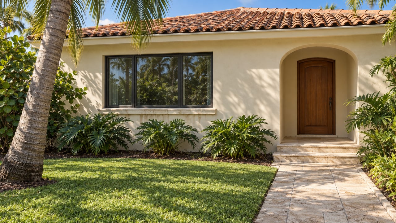 Cream-stucco home with a terracotta roof, arched timber entrance, limestone garden path, lawn, and a curved palm in morning light.