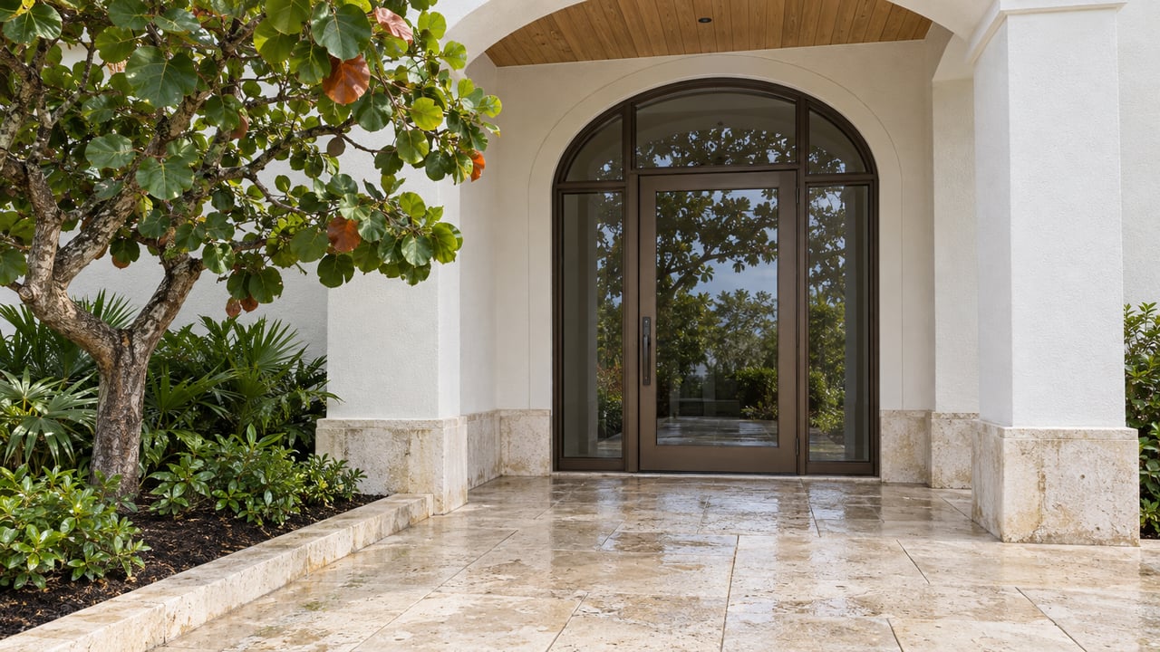White stucco home entrance with arched bronze-framed glazing, pale limestone paving and a mature sea grape tree.