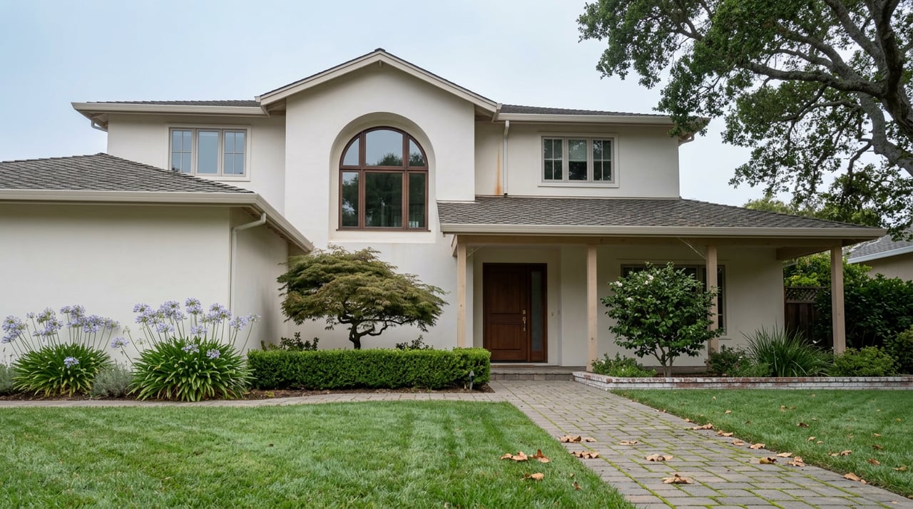 Two-story stucco house with an arched window, wood entry, deep lawn, Japanese maple, and spreading oak.
