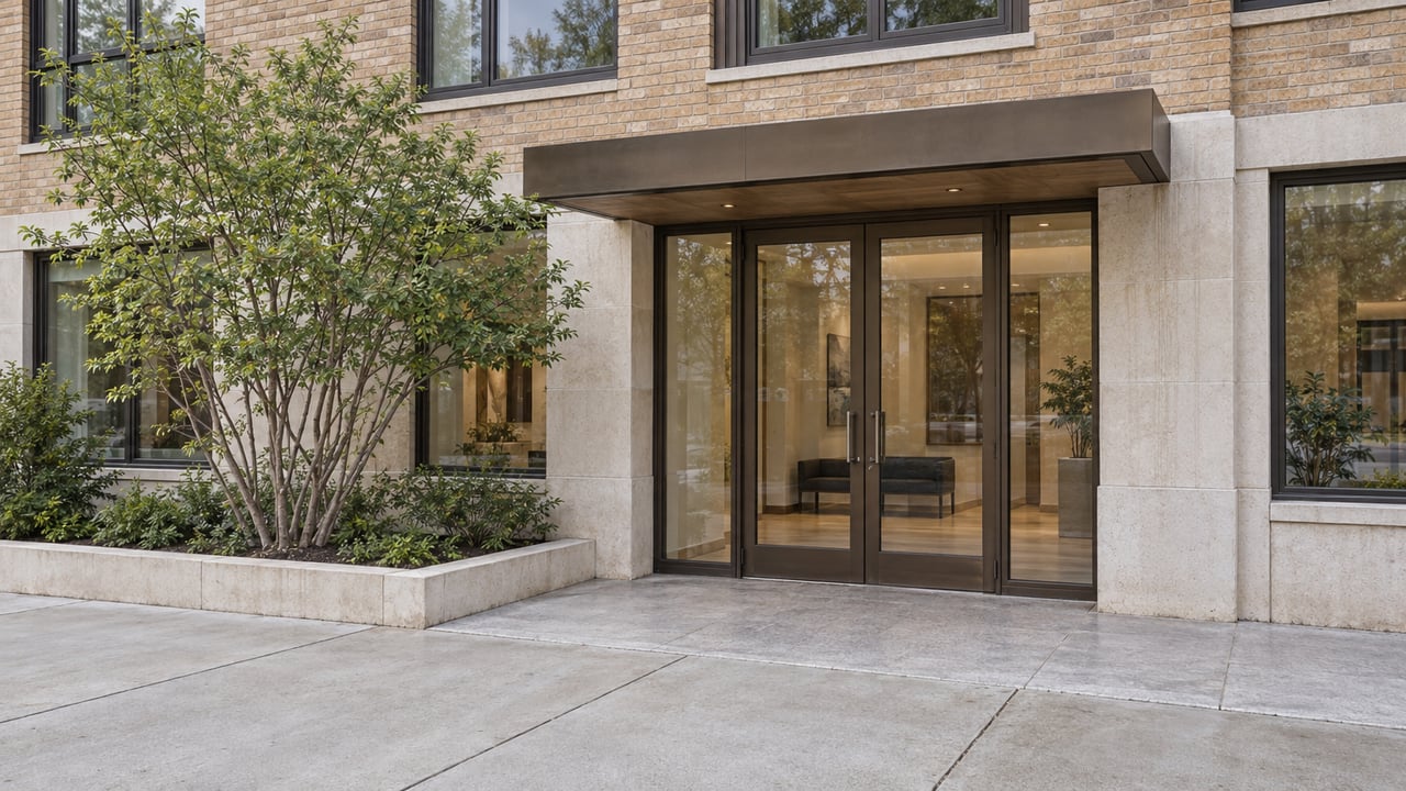 Recessed glass residential entrance in a limestone surround, beneath buff-brick upper floors and beside a small tree.