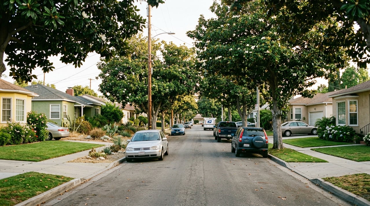 Tree-lined Lake Balboa residential street with mid-century homes and parked cars on a spring afternoon