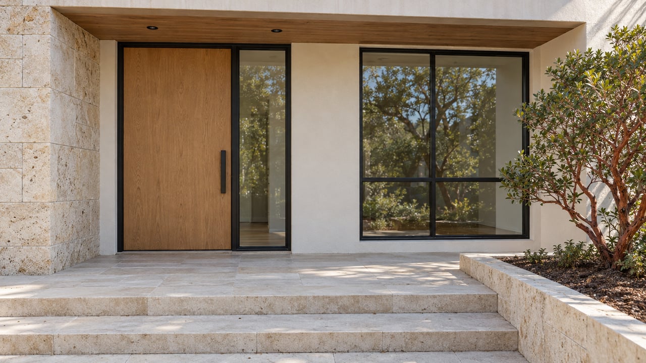 Sunlit limestone and stucco entry with an oak door, black-framed window, pale stone steps, and a red-barked manzanita.