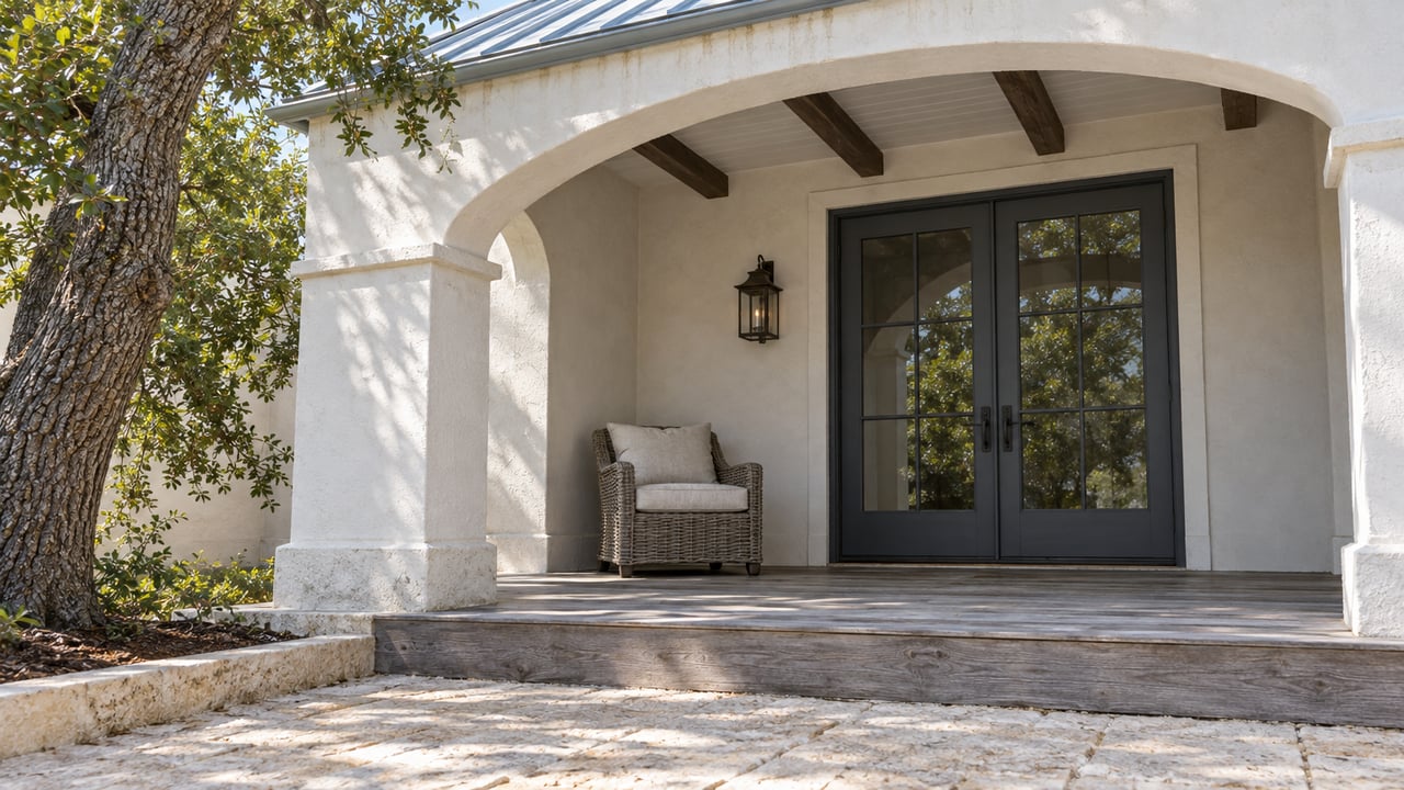 White stucco porch arch framing dark glazed doors, a woven chair, weathered timber decking and a pale limestone approach.