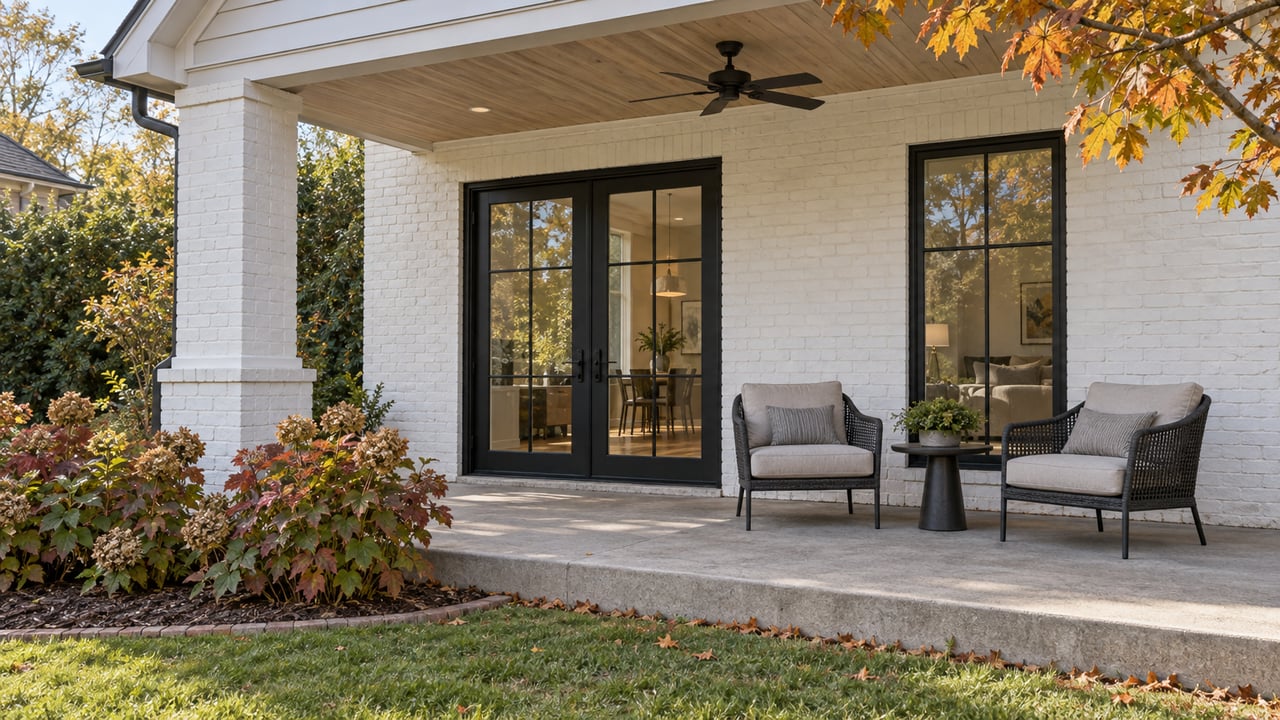 White painted-brick home with a covered rear terrace, black French doors, woven outdoor chairs and burgundy oakleaf hydrangeas.