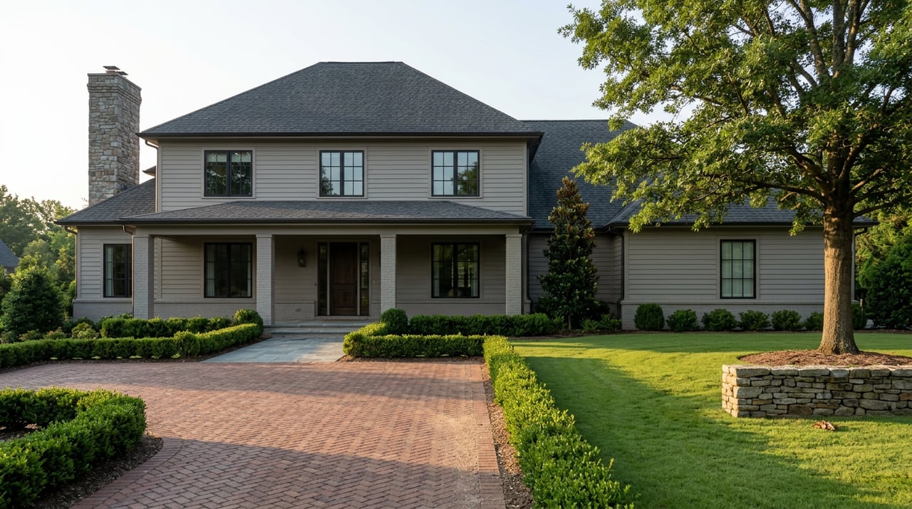 Two-story gray estate with a stone chimney, brick motor court, and broad oak beside a low stone wall.