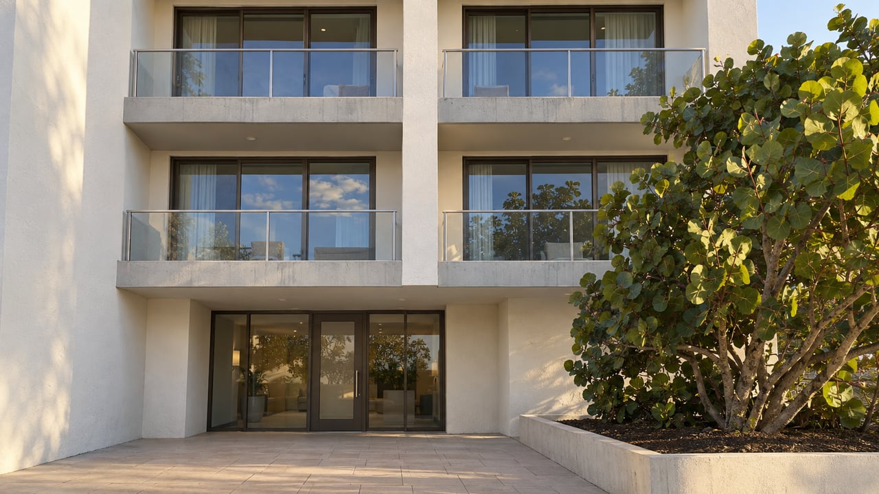 Three-story coastal condominium with two balcony bays, a recessed glass entry, and a raised planter with a sea grape tree.