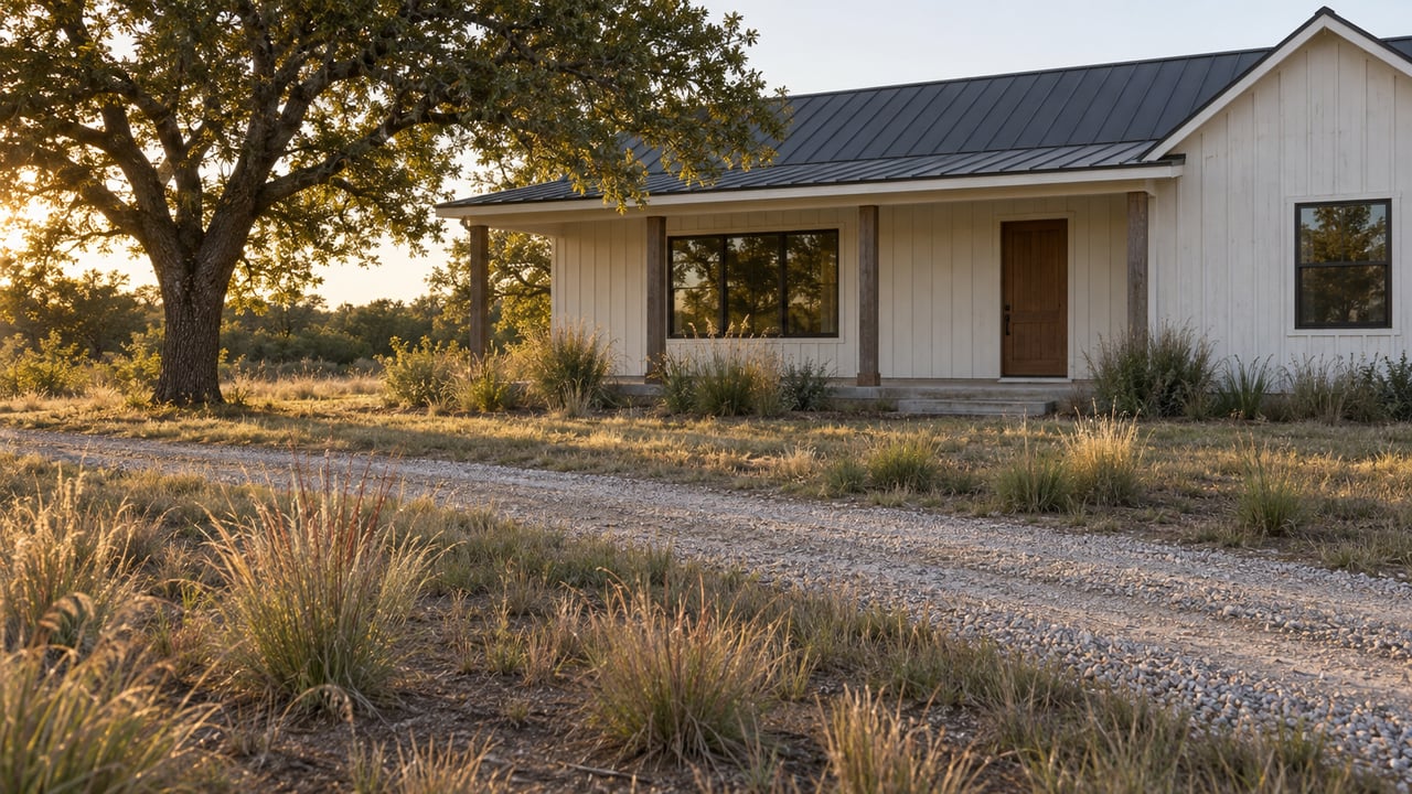 Weathered white ranch house with a covered porch, set beyond a gravel drive beside a broad oak tree.