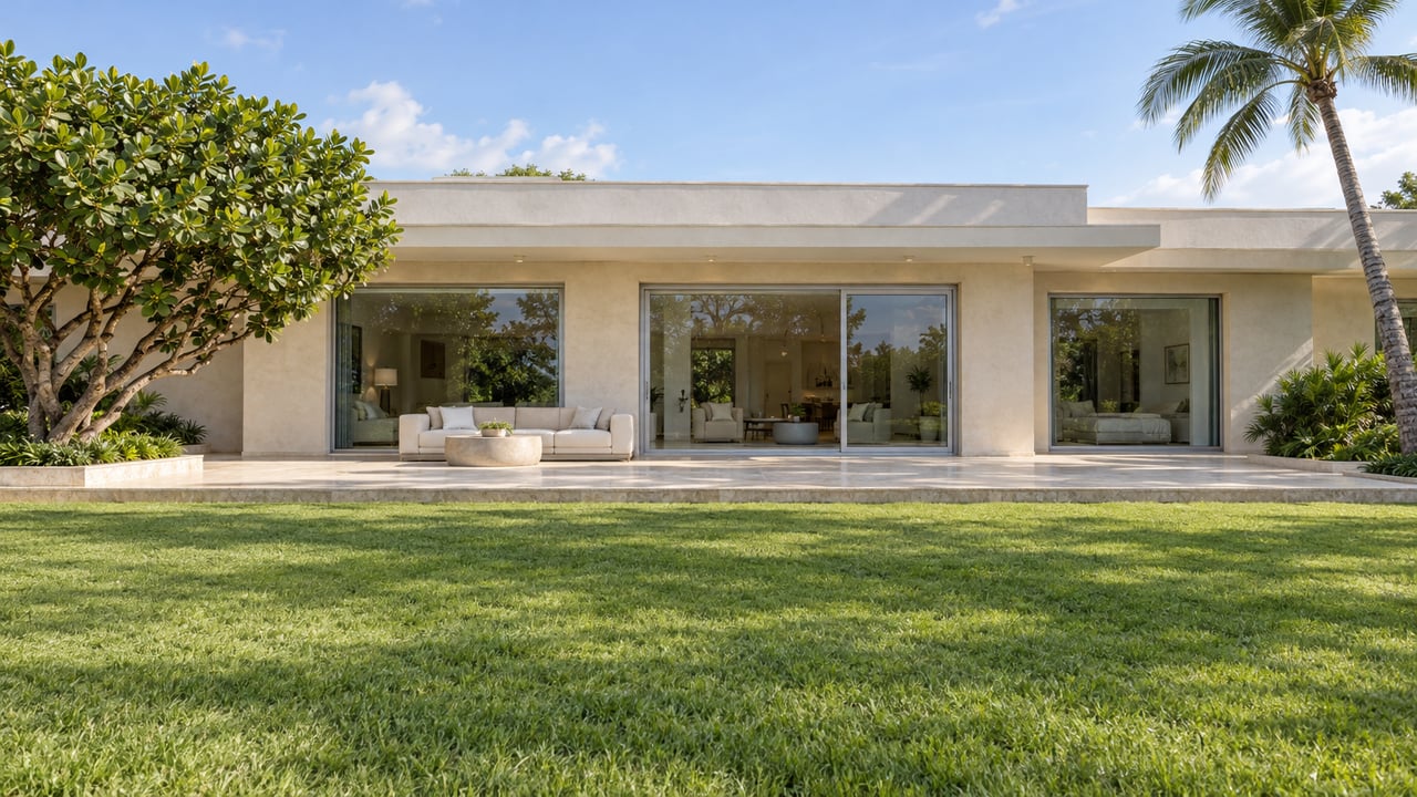 A broad green lawn leads to a low ivory-stucco residence with limestone terrace, large glazed openings, and a curved coconut palm.