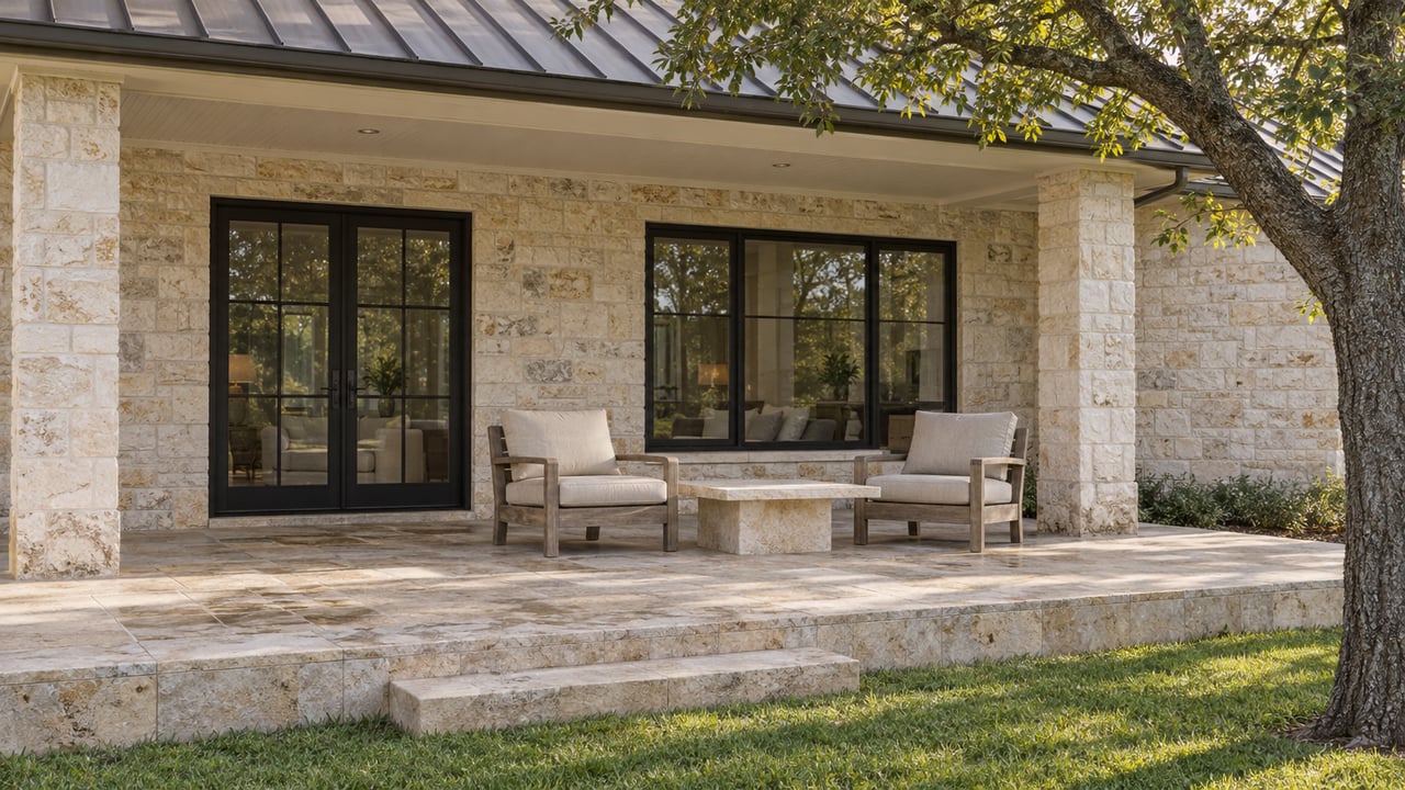 Limestone home's covered rear porch with black-framed glass doors, two teak chairs and a raised stone terrace beside an oak-shaded lawn.