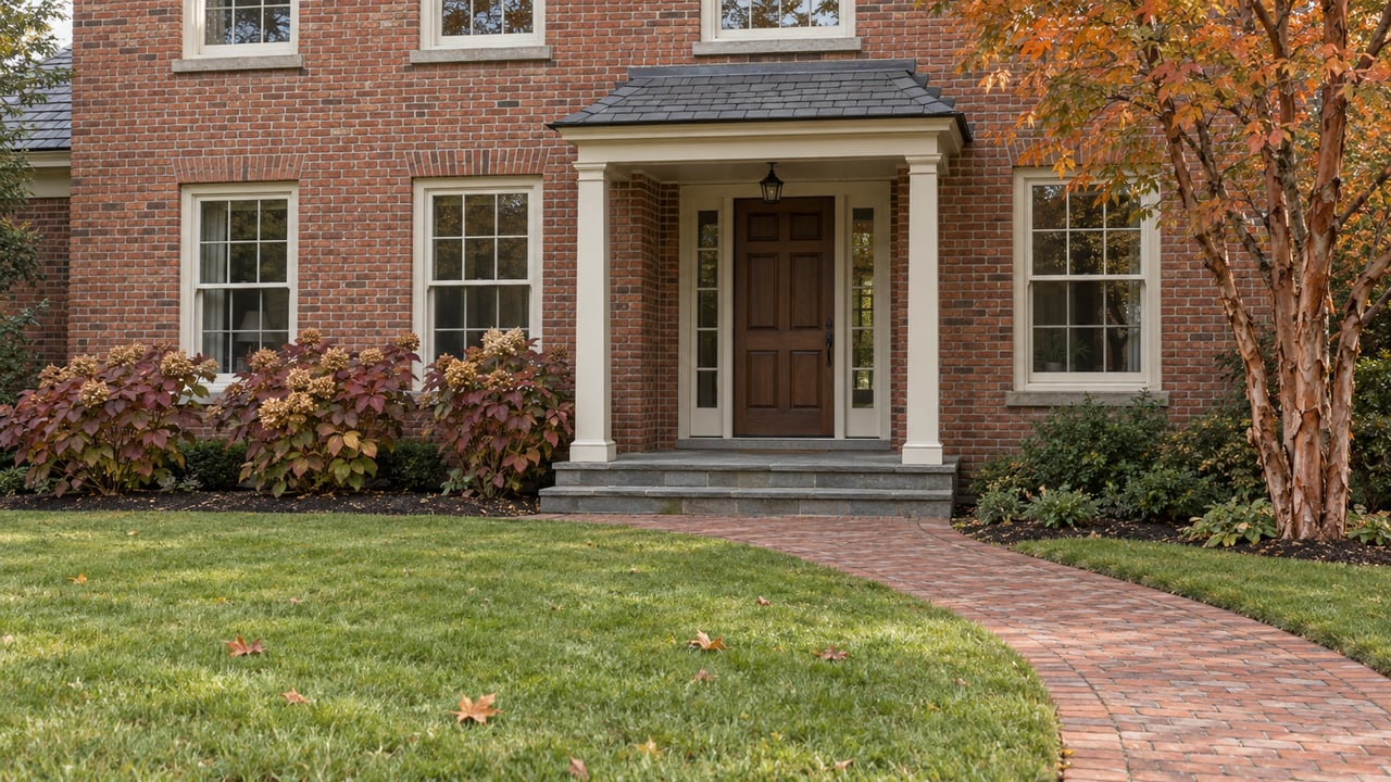 Established brick home with an oak front door, white sash windows, bluestone entry steps, and autumn planting beside a curved brick walk.
