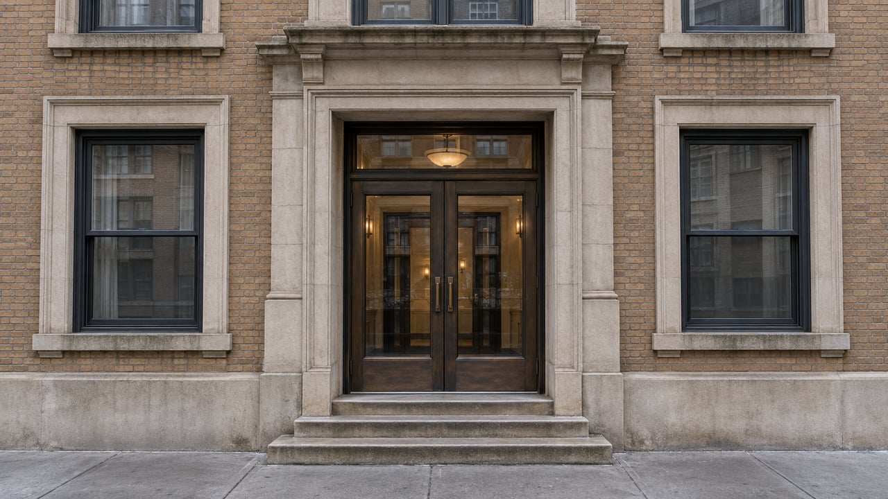 Prewar apartment entrance with bronze double doors, limestone steps, and buff brick facade flanked by sash windows.