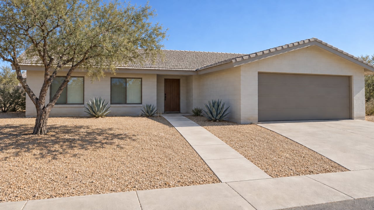 Painted-block home with a tiled roof and ironwood-shaded gravel yard, with a continuous concrete walk connecting the front door to the sidewalk.
