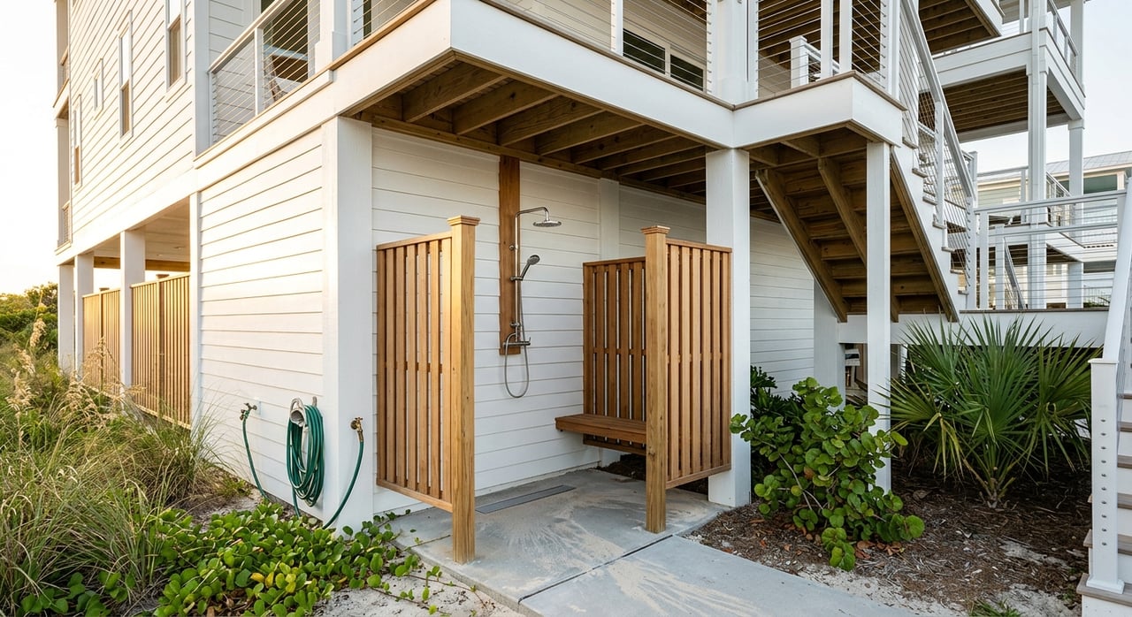 Outdoor shower with cedar slat screen, teak bench, concrete slab, and coastal plants beneath a beach house.