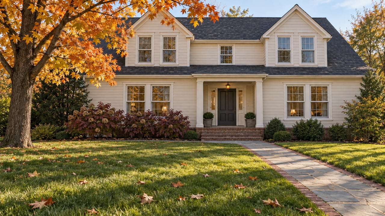 White two-story house with a brick-edged walkway beneath an orange-leaved maple.