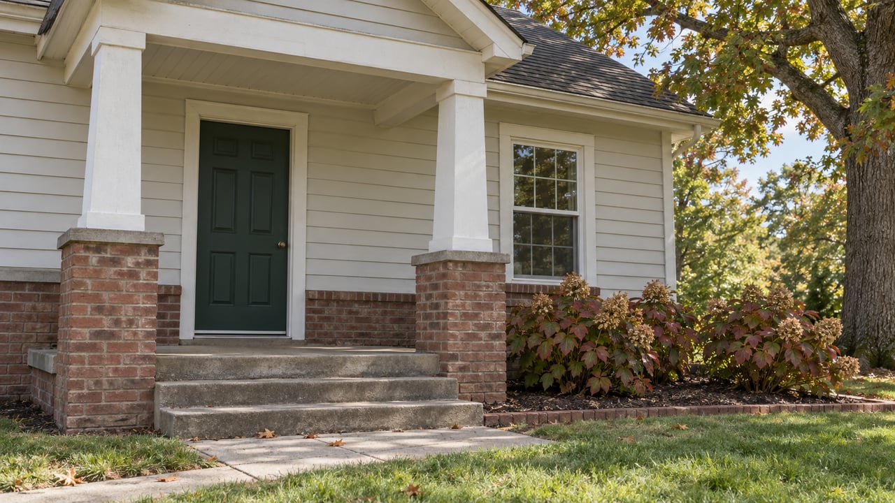 House entrance with a dark green door, brick porch columns, and autumn foliage.