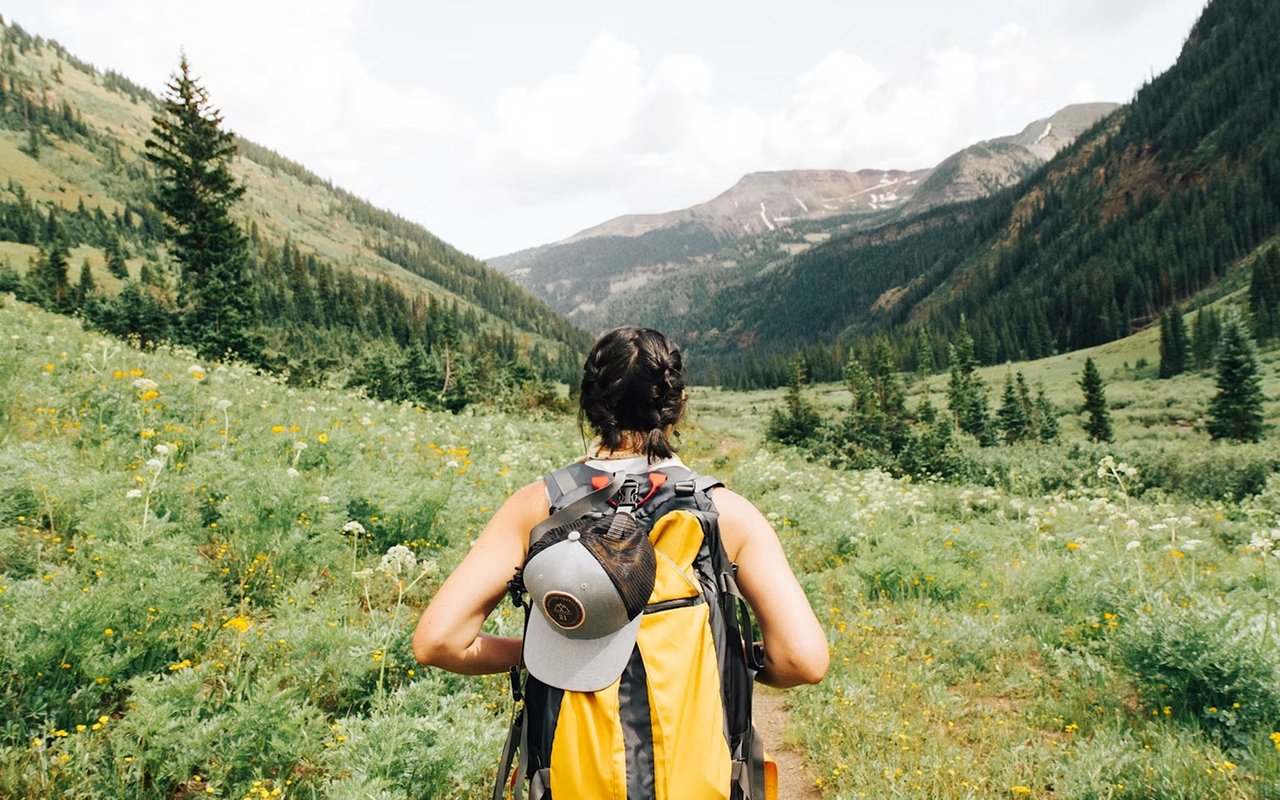 Hiker with a yellow backpack in a wildflower meadow beneath forested mountains.