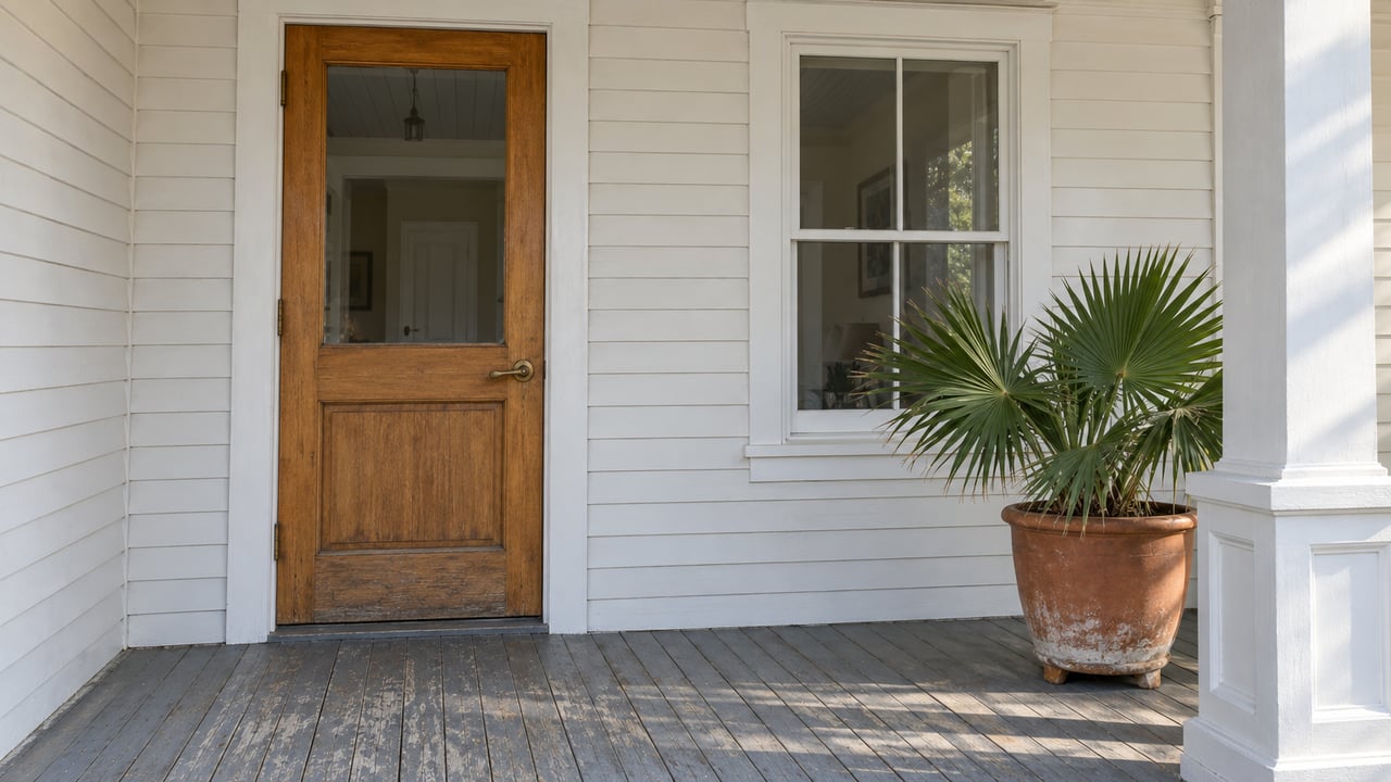 A sheltered front entry with a honey-colored wood door, white clapboard siding, worn gray porch boards, and a potted dwarf palmetto.