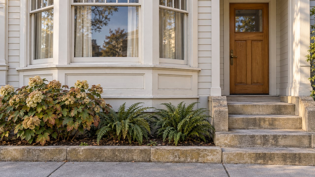 Warm-white timber bay window beside a recessed wood entry, worn sandstone steps and a small planted bed.