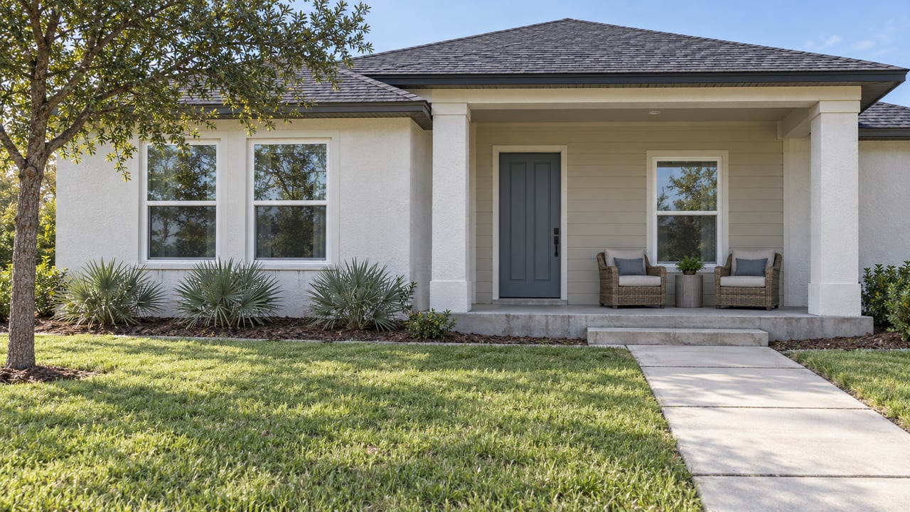 A contemporary single-story home with a deep green front lawn, pale stucco walls and two chairs beneath a covered front porch.