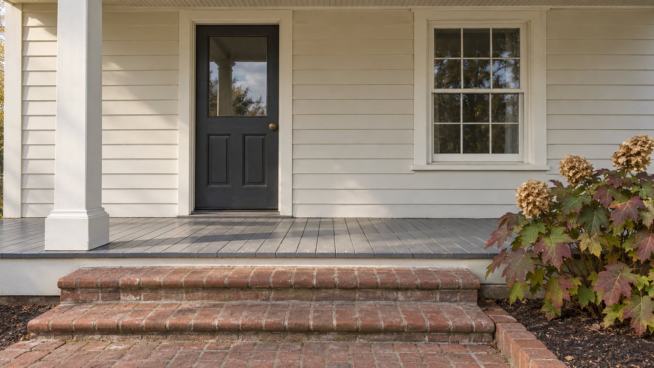 Ivory clapboard home with a charcoal glazed entry door, wood sash window, weathered painted porch boards and brick steps beside an oakleaf hydrangea.