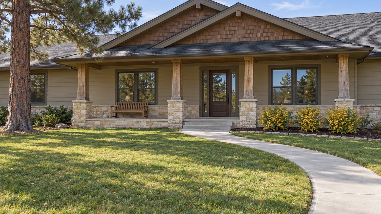 Single-story home with a covered porch, stone columns, and a curved walkway across the lawn.