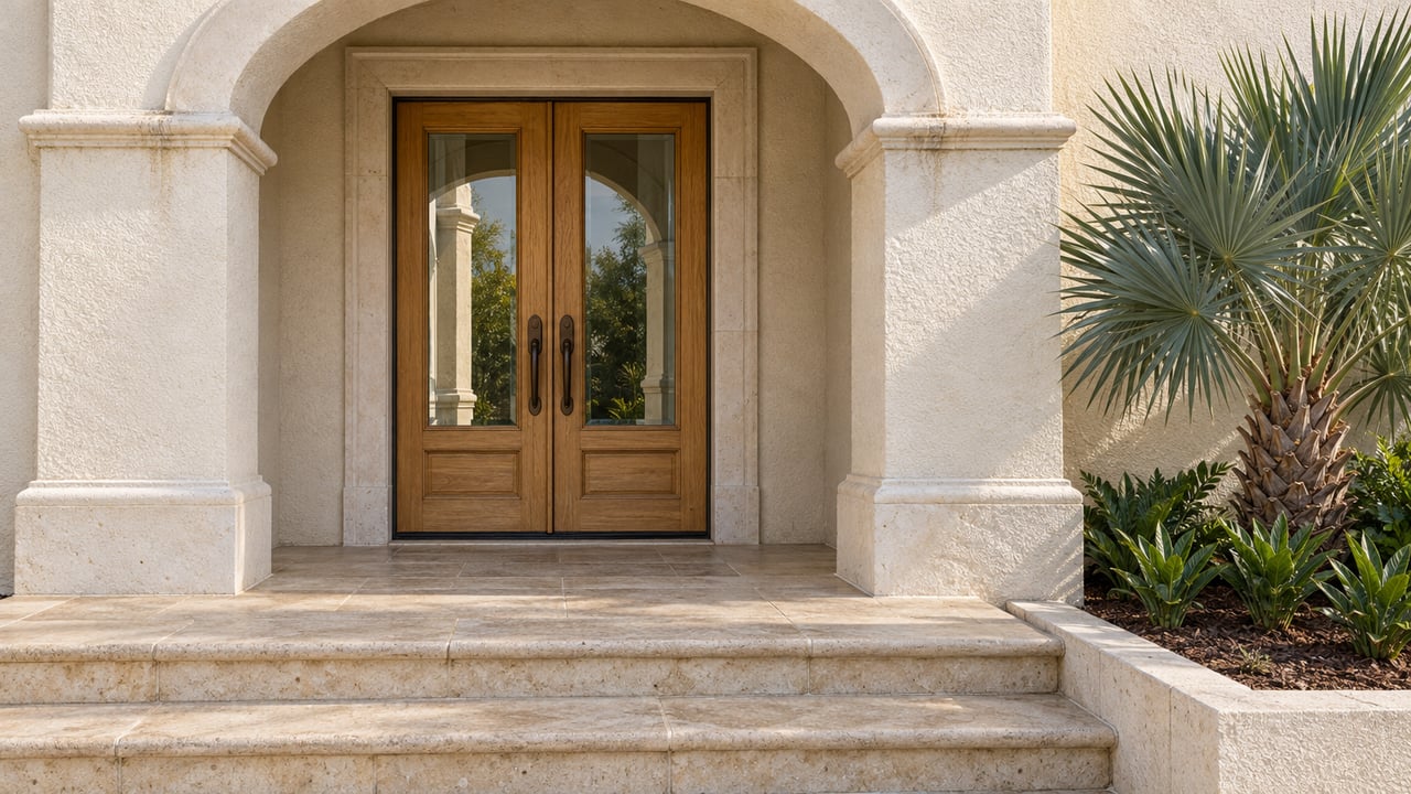 Ivory stucco arch framing recessed oak-and-glass double doors above pale limestone steps, with silver saw palmetto and coontie beside the landing.