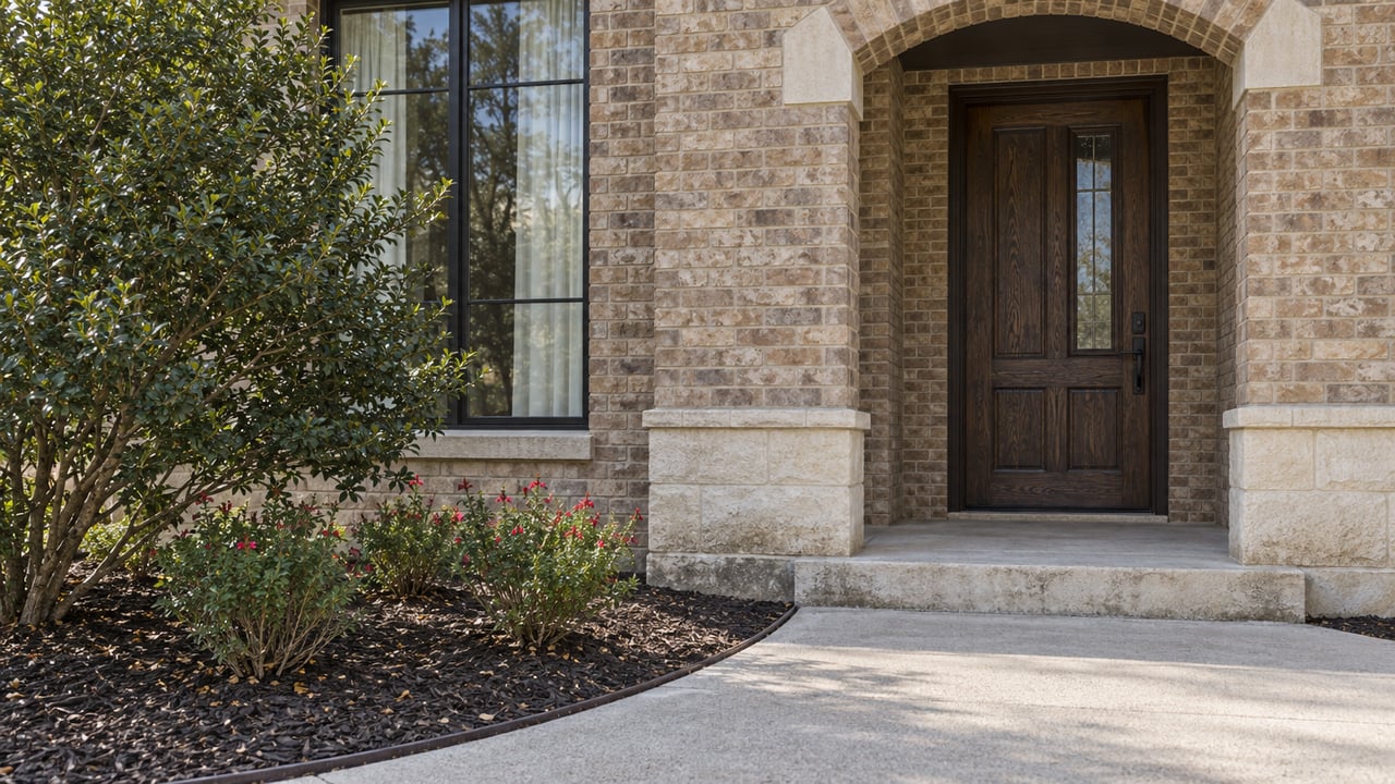 Buff brick and limestone entry with a recessed oak door, black-framed window and a curved planted bed beside a concrete approach.