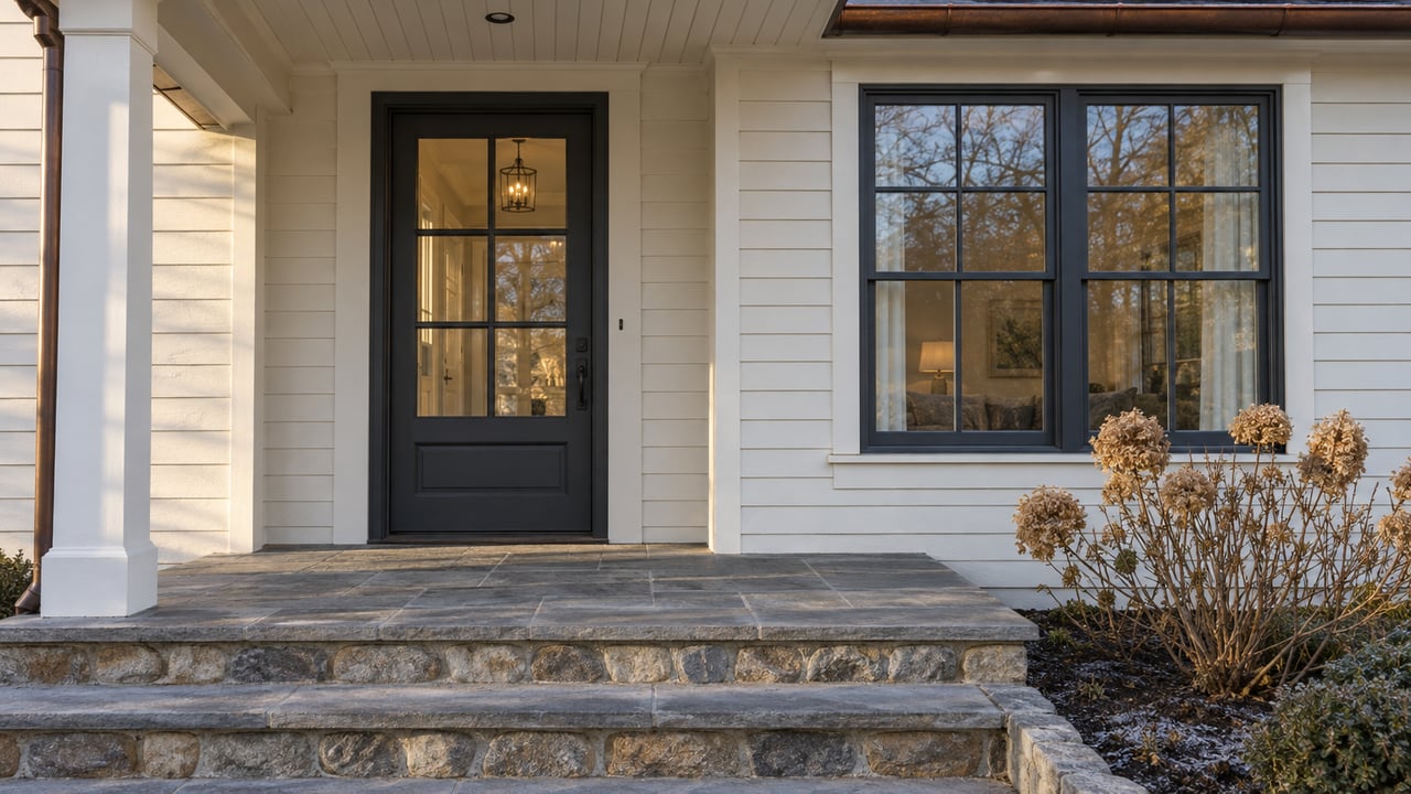 Winter morning light on a white clapboard home's covered entry, charcoal glazed door, bluestone steps and dried hydrangea flowers.