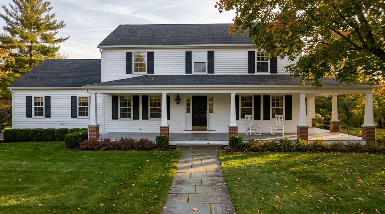 White clapboard house with porch beyond a lawn and bluestone path, framed by autumn trees.