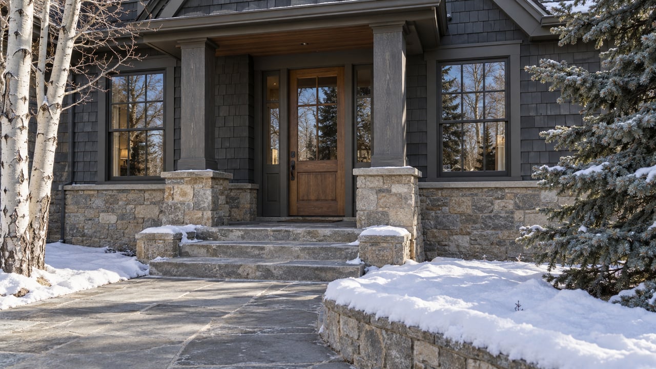Winter sunlight on a shingled home's oak entry, sandstone porch and cleared stone steps beside snow and blue-green spruce branches.