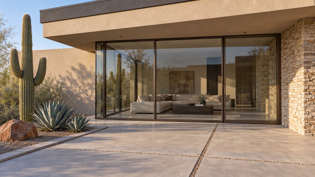 Modern desert home with floor-to-ceiling glass doors, stone wall, and saguaro landscaping.