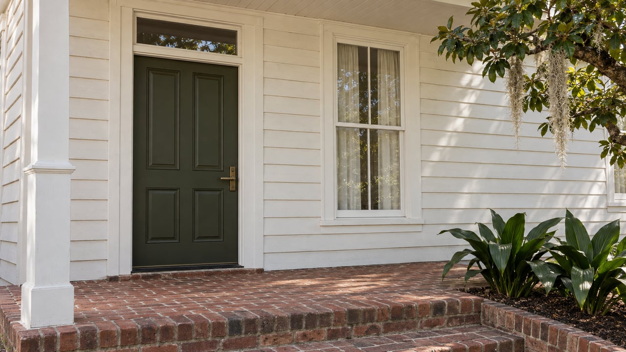 Covered entry of a warm-white clapboard home with an olive door, tall sash window and weathered brick stoop.