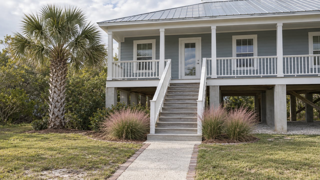 Raised blue-gray coastal cottage with a weathered front stair, shell-concrete walk, palmetto and pink muhly grass in soft autumn daylight.