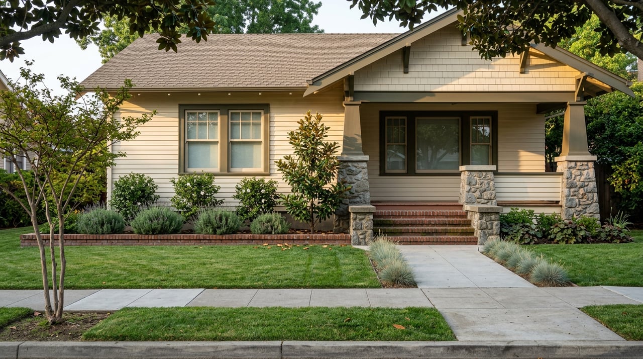 Craftsman bungalow behind a broad lawn, with a concrete walkway, low brick garden wall, and leafy trees.