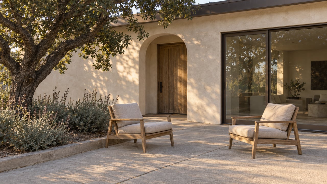 Evening light on a pale stucco home's terrace, with two teak chairs, enclosed glass doors and a mature oak beside a sage planting bed.