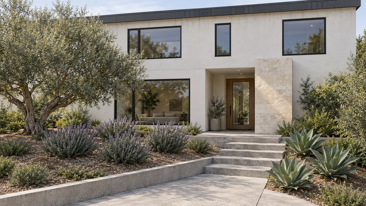 Contemporary warm-white stucco home above a sloped planted garden, with limestone entry accents, black-framed glazing and broad concrete approach steps.