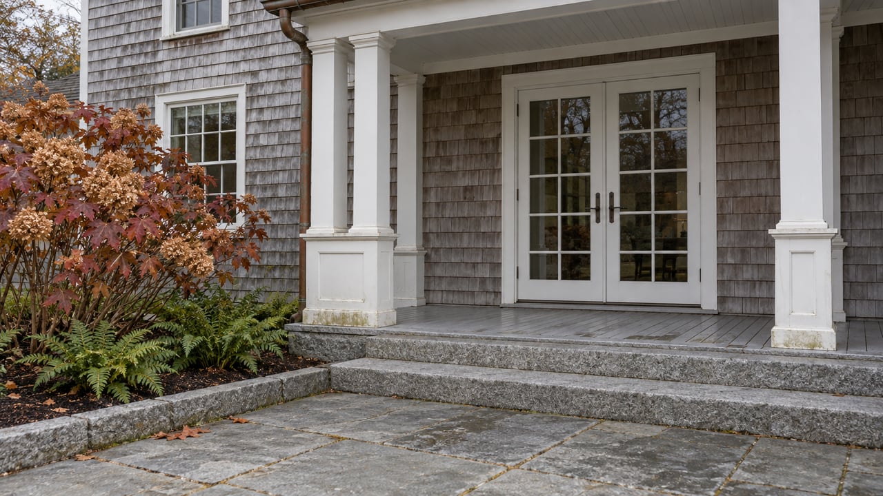 Weathered cedar-shingle home with a white covered porch, closed French doors and granite garden terrace beside autumn oakleaf hydrangea.