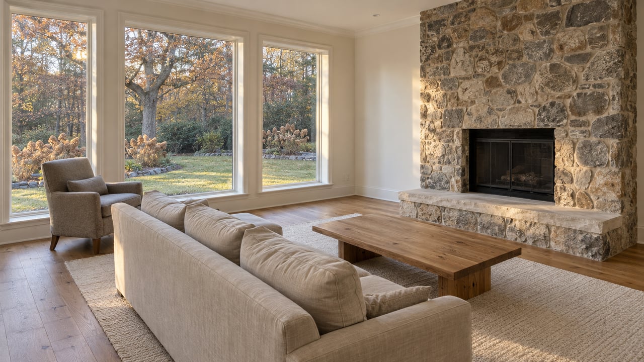 Light-filled living room with a fieldstone fireplace, linen sofa, oak floors and tall windows overlooking autumn foliage.