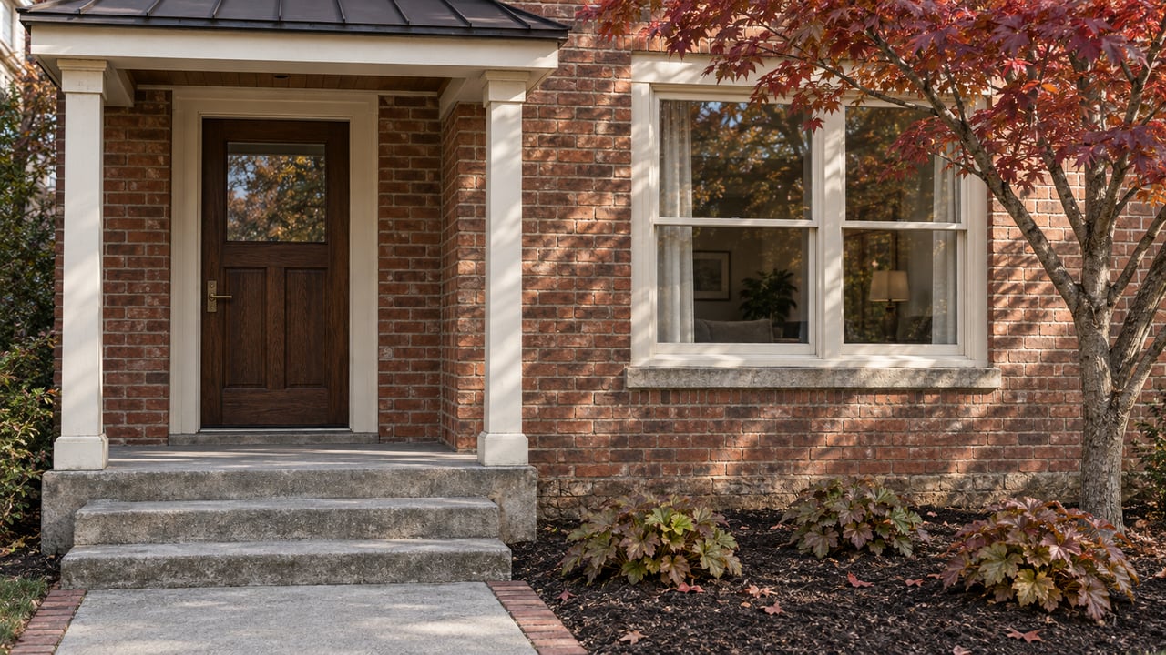 Autumn light across a red-brick home’s oak entry door, cream-trimmed window, and worn concrete porch steps beside a dogwood.