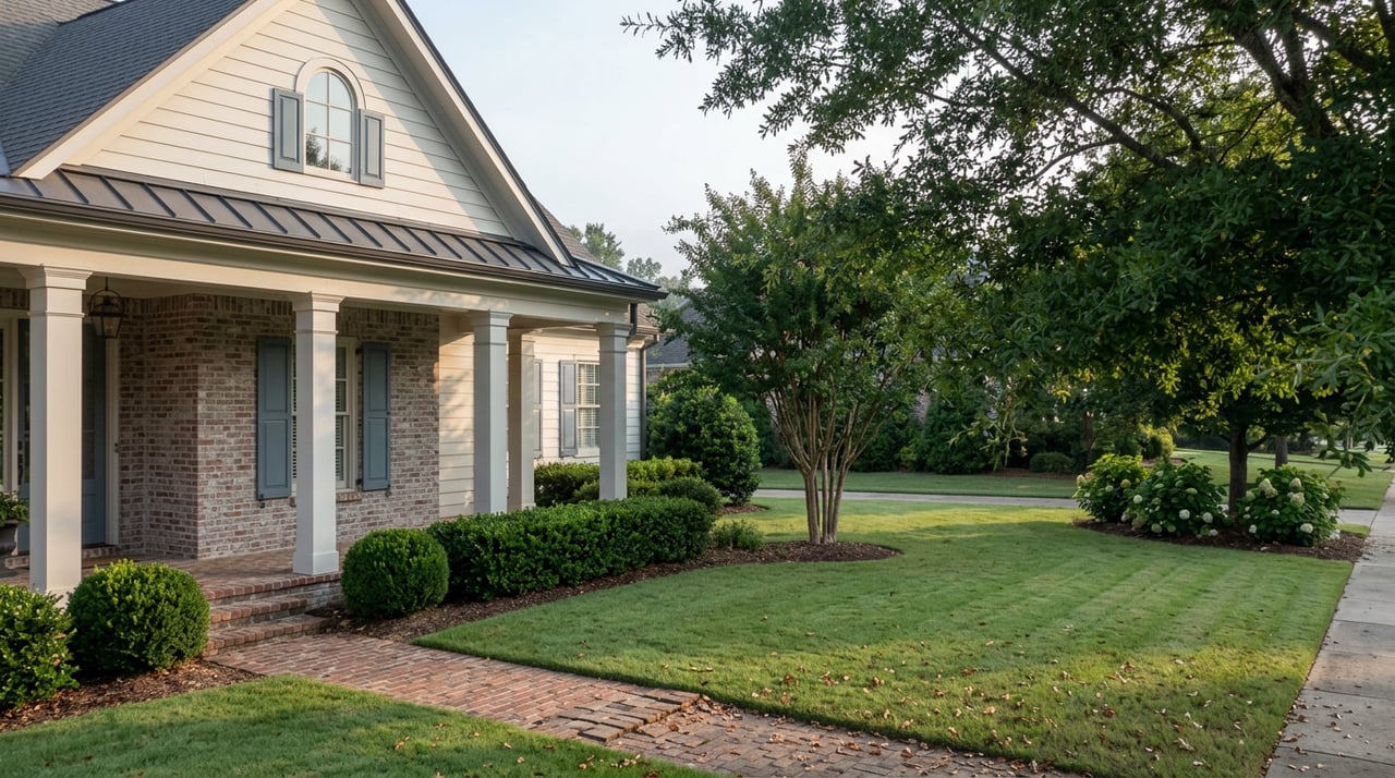 Two-story brick-and-siding home with an arched attic window, columned porch, and brick walk across a deep lawn.